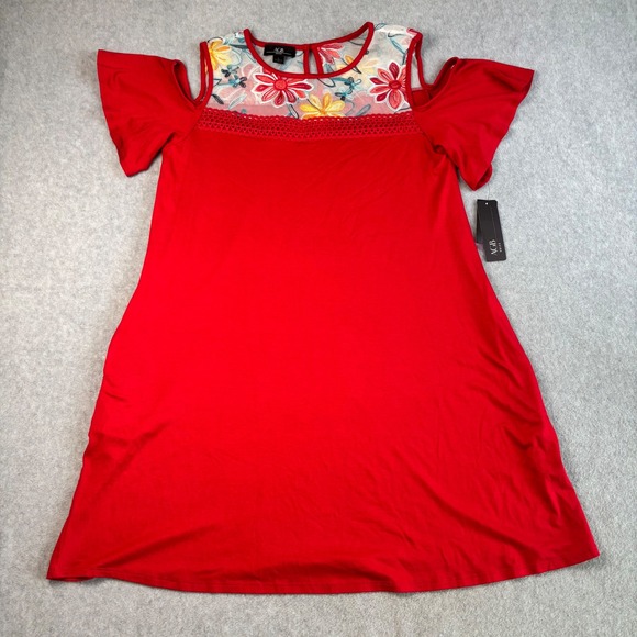AGB Dresses & Skirts - AGB Red Cold Shoulder Dress Floral Embroidered Mesh Neckline Women's Large
